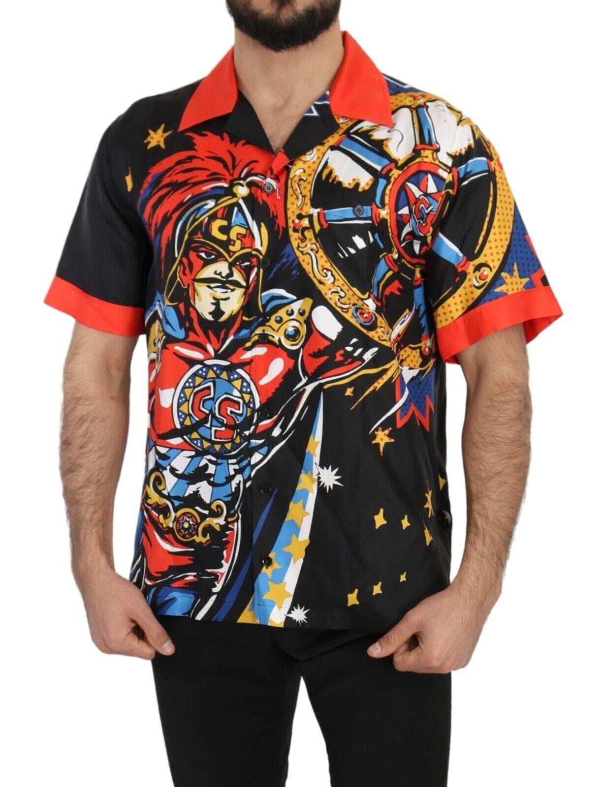 Dolce & Gabbana  Men's Black Short Sleeve Silk Shirt with Colorful Print