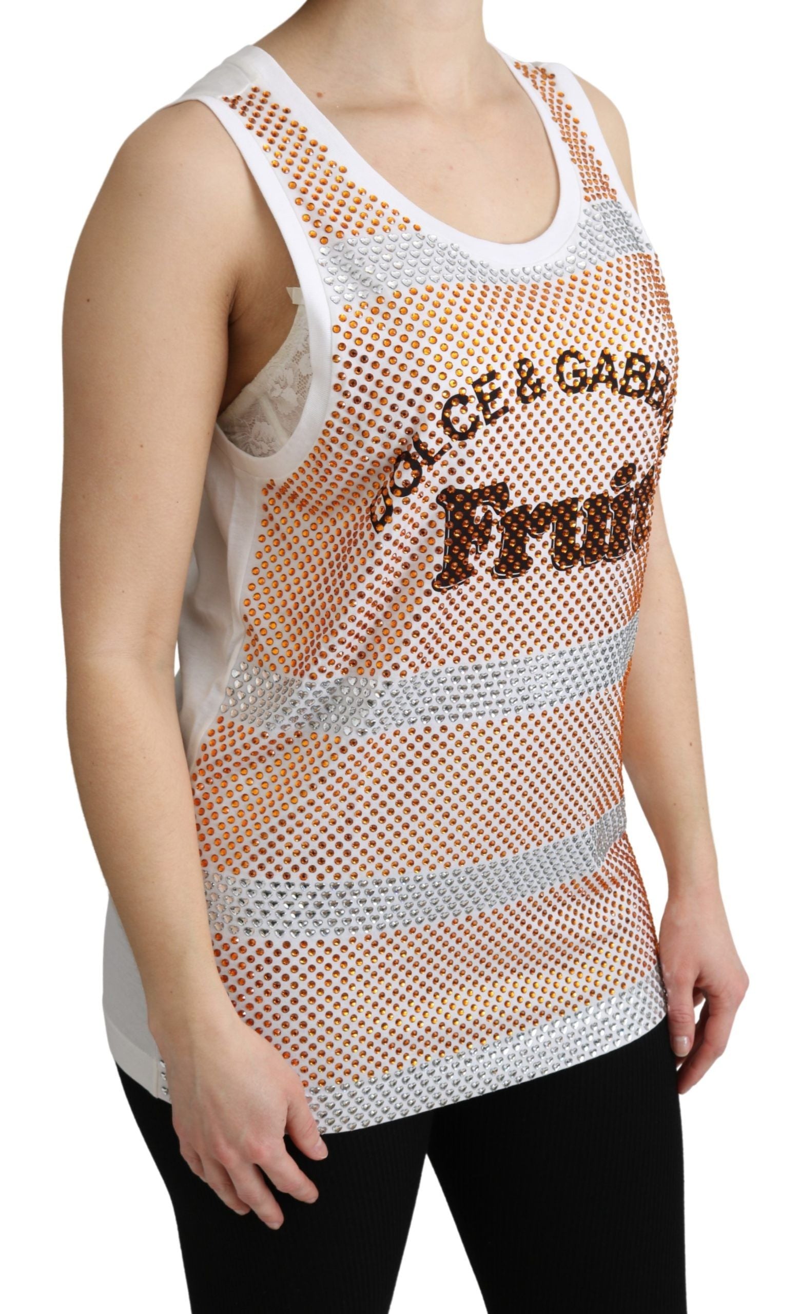 Dolce & Gabbana White Orange Crystal Sleeveless Tank Cotton Women's Top