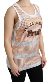 Dolce & Gabbana White Orange Crystal Sleeveless Tank Cotton Women's Top