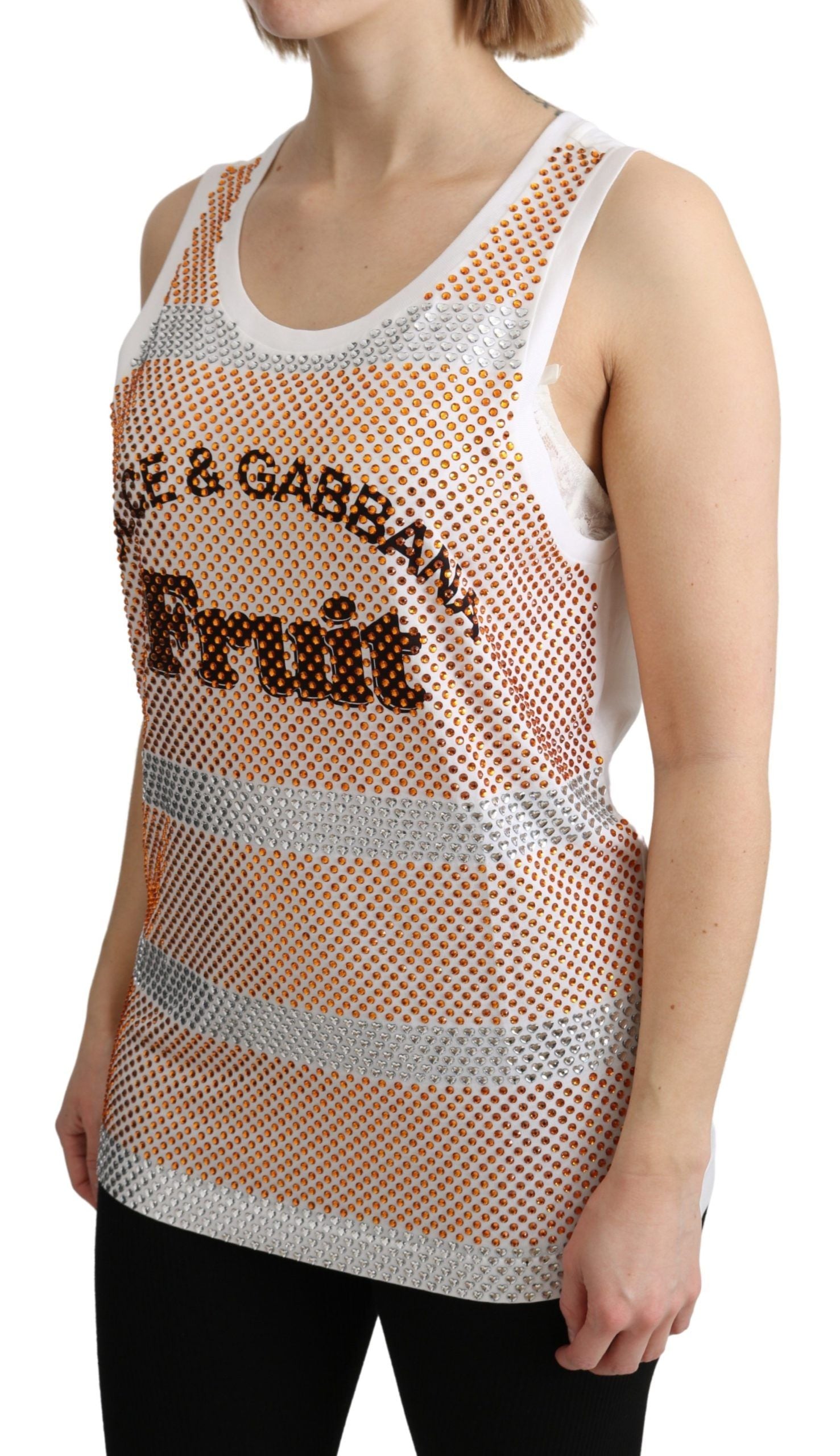Dolce & Gabbana White Orange Crystal Sleeveless Tank Cotton Women's Top