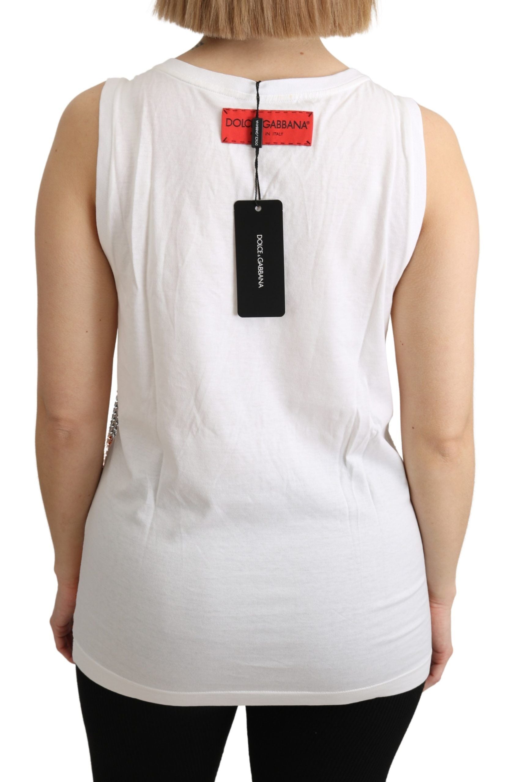 Dolce & Gabbana White Orange Crystal Sleeveless Tank Cotton Women's Top