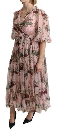 Dolce & Gabbana Pink Bengal Cat Print A-line Maxi Silk Women's Dress