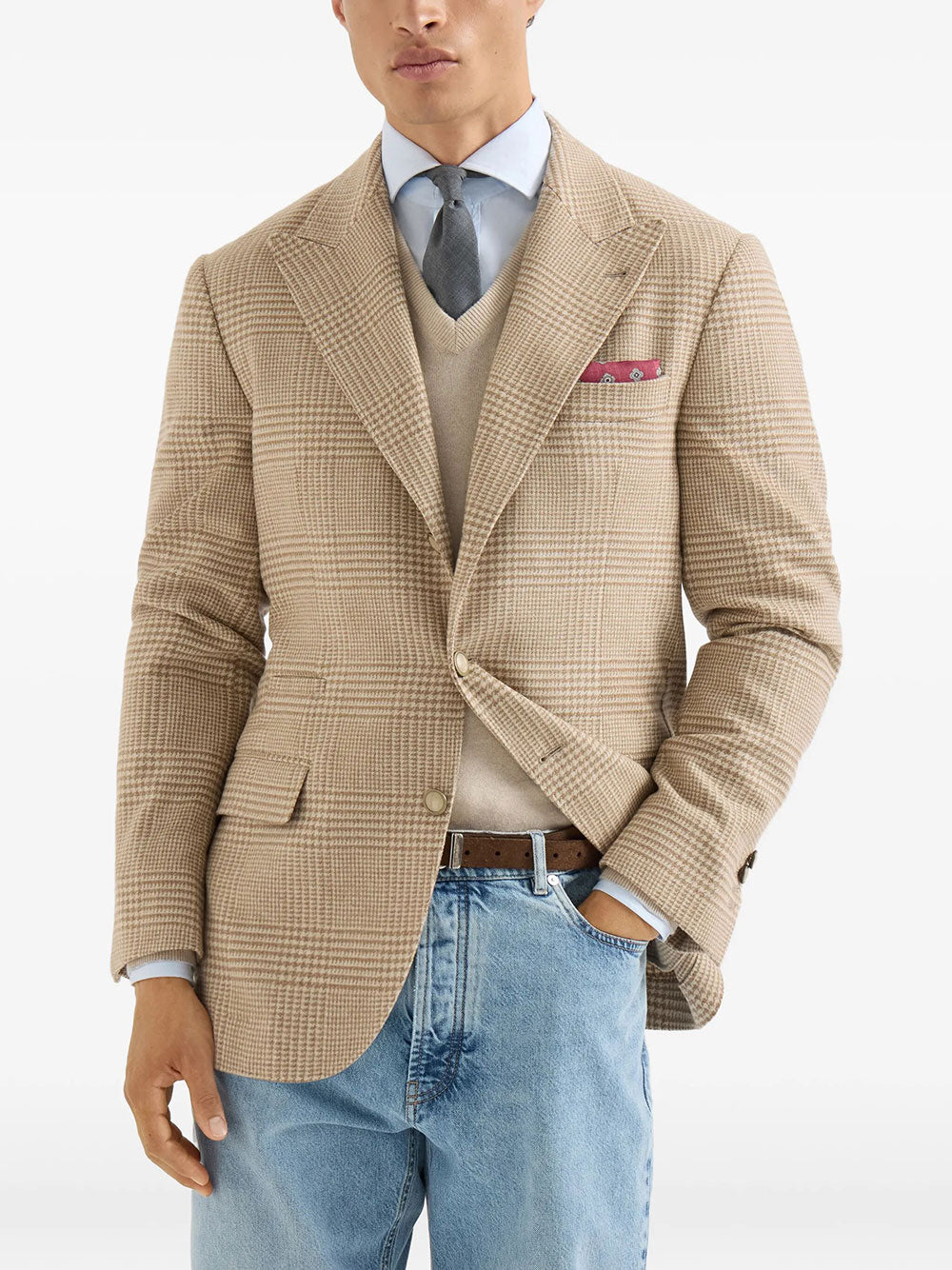 Brunello Cucinelli Men Cashmere Blend Checked Single-Breasted Blazer
