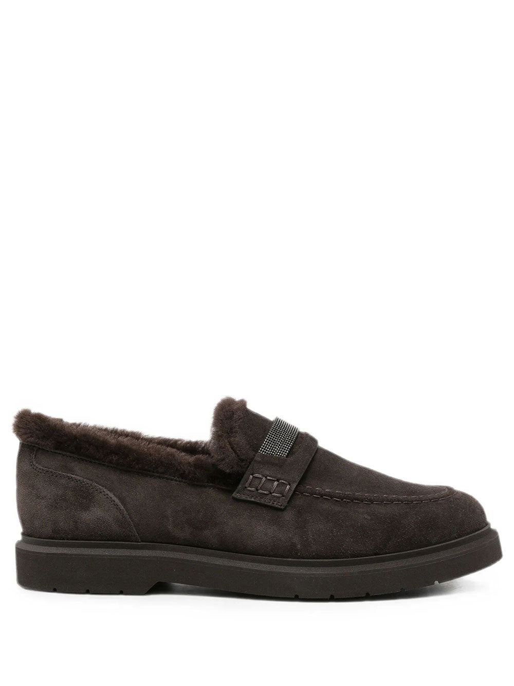 Brunello Cucinelli Women Suede Penny Loafers With Shearling Lining And Precious Insert