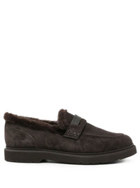Brunello Cucinelli Women Suede Penny Loafers With Shearling Lining And Precious Insert