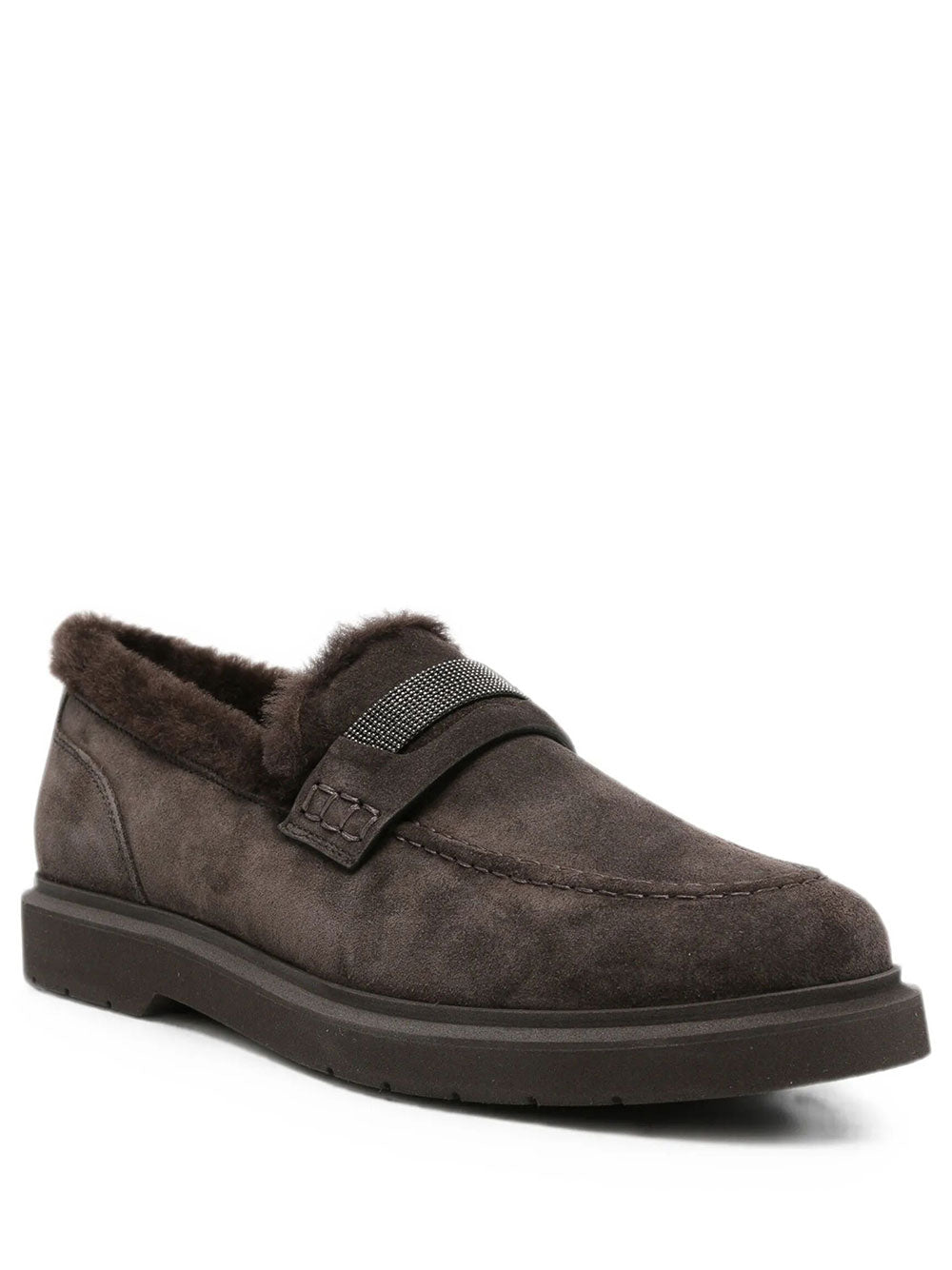 Brunello Cucinelli Women Suede Penny Loafers With Shearling Lining And Precious Insert