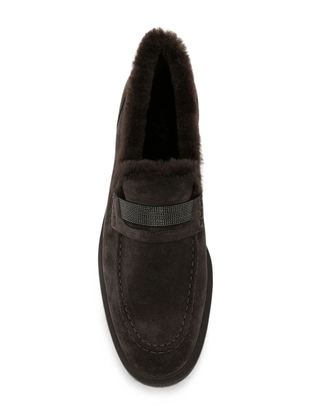 Brunello Cucinelli Women Suede Penny Loafers With Shearling Lining And Precious Insert