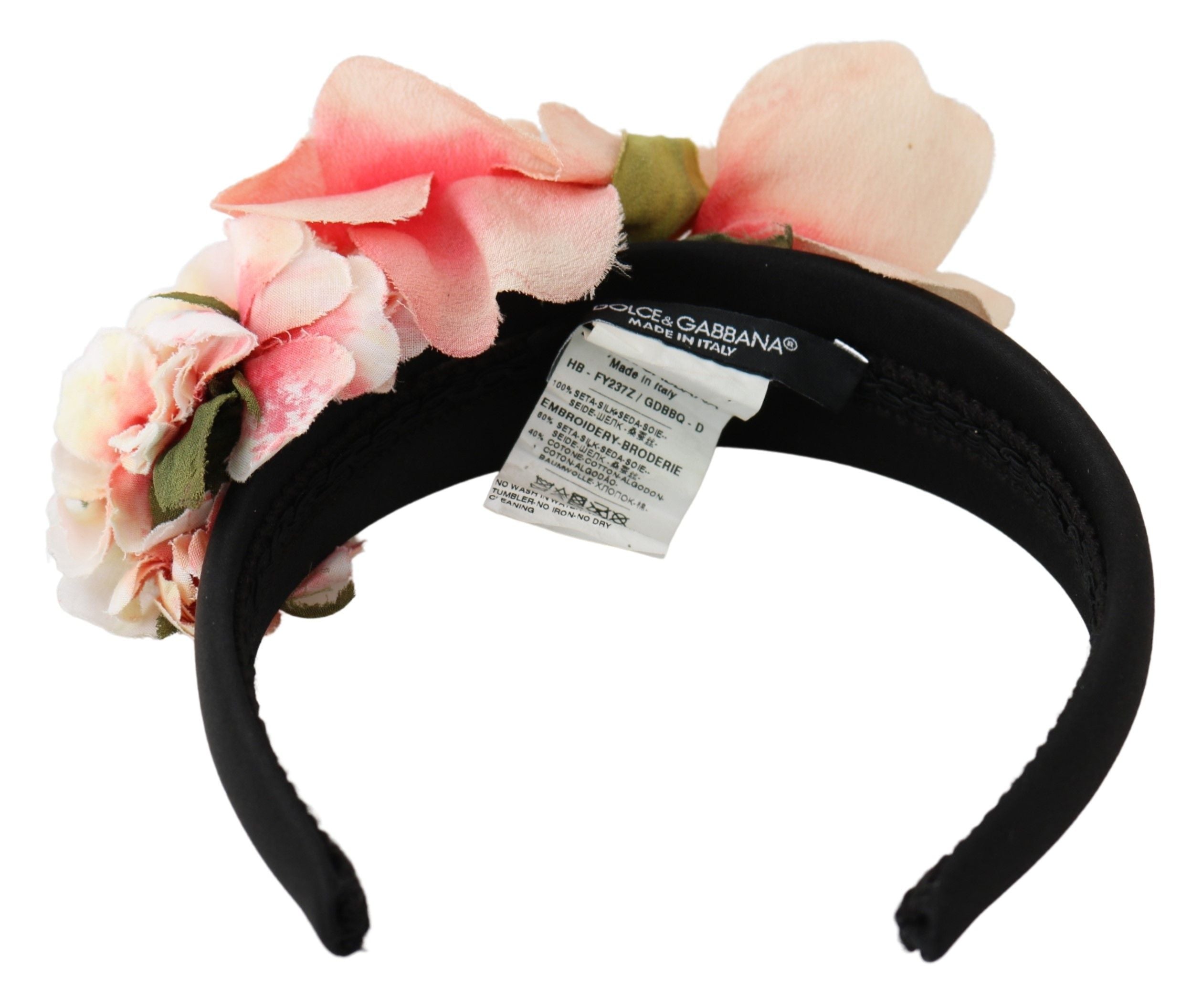 Dolce & Gabbana Dolce & Gabbana Pink Silk Black Floral Headband Logo Women's Diadem