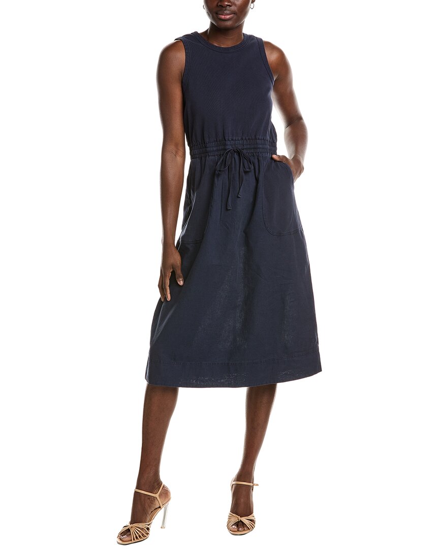 Michael Stars Michael Stars Womens  Wilhelmina Mixed Media Linen-Blend Midi Dress, S, Blue