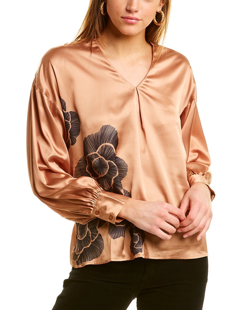 Garrie B Satin V-Neck Blouse Brown Multi