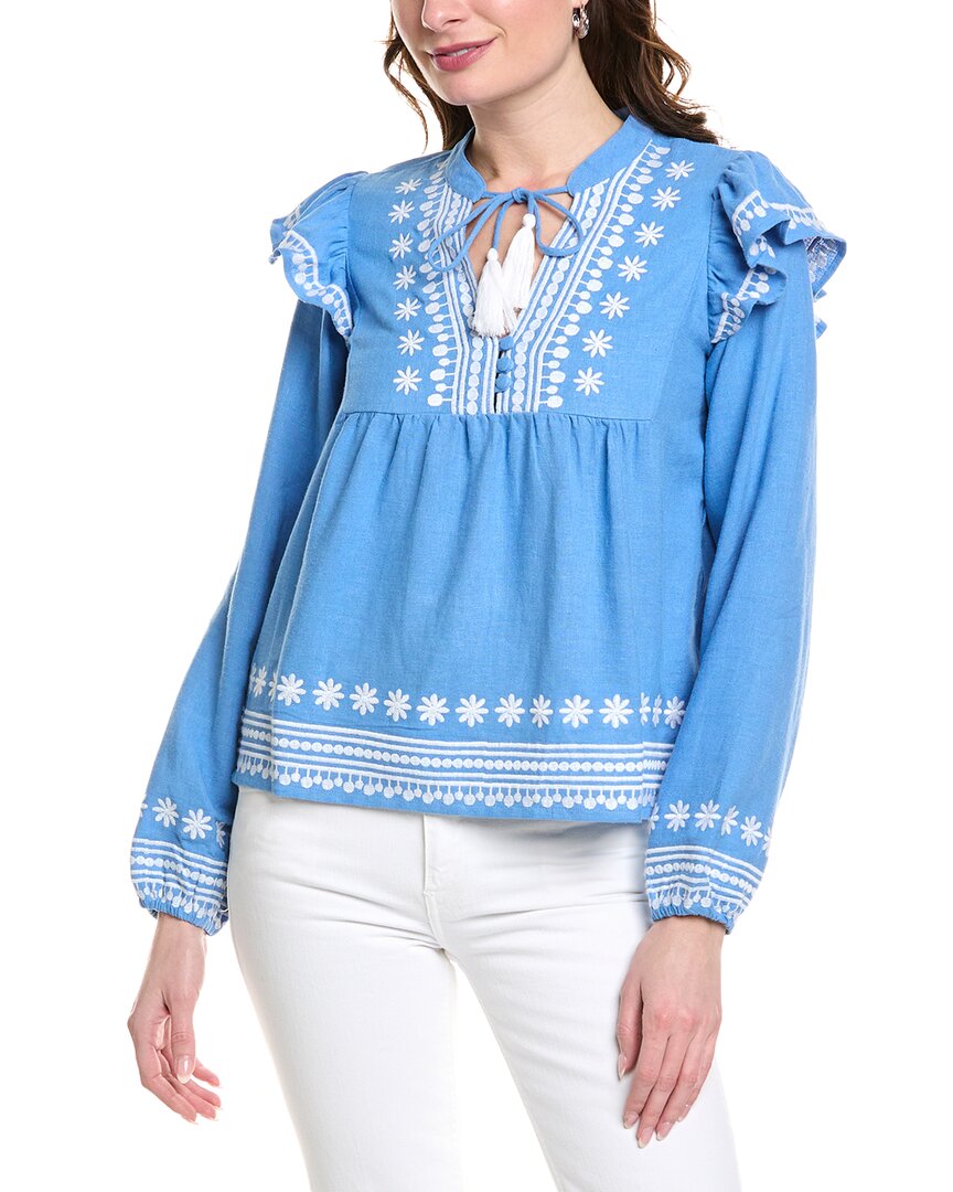 Sail To Sable Balloon Sleeve Linen-Blend Blouse Blue