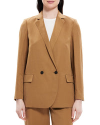 Theory Double-Breasted Linen-Blend Blazer 0 Fawn