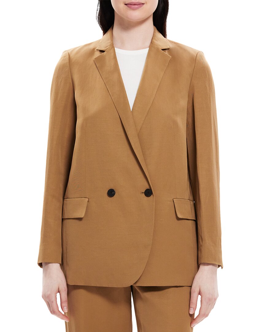 Theory Double-Breasted Linen-Blend Blazer 0 Fawn