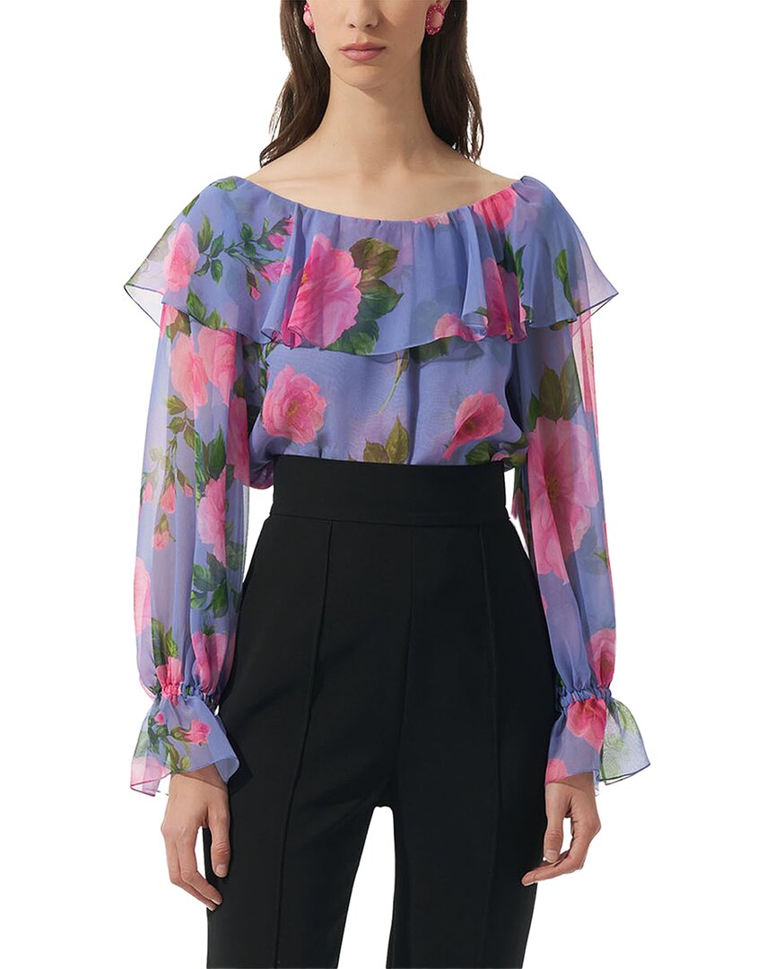 Carolina Herrera Boat Neck Ruffle Silk Top Multi