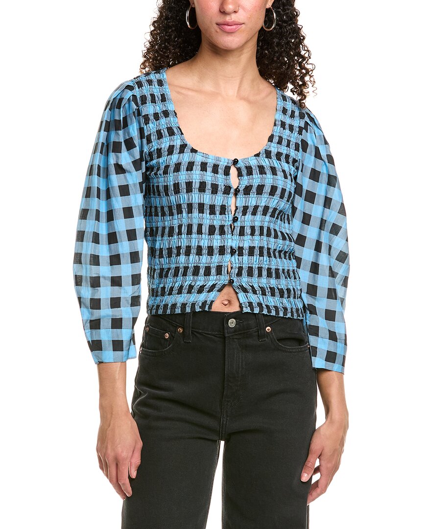 Ganni Smocked Silk-Blend Blouse Blue