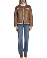 Cole Haan Waxed Suede Shearling Collarless Jacket