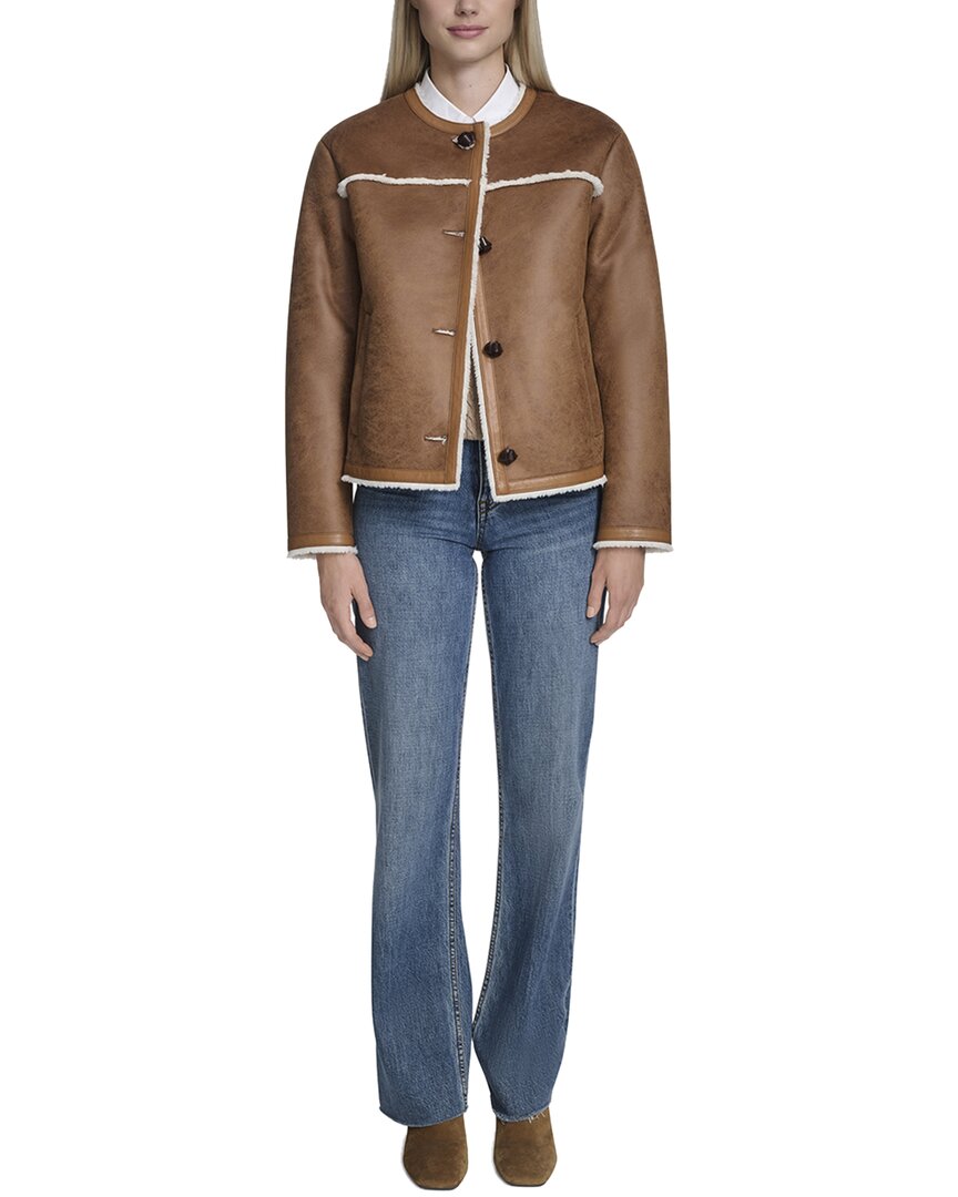 Cole Haan Waxed Suede Shearling Collarless Jacket