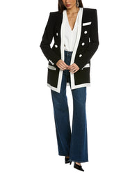 Balmain Long Collarless 6-Button Crepe Jacket Black