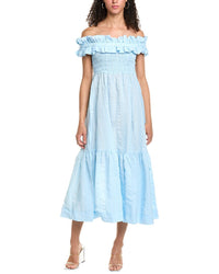 Ganni Seersucker Check Smocked Maxi Dress Blue