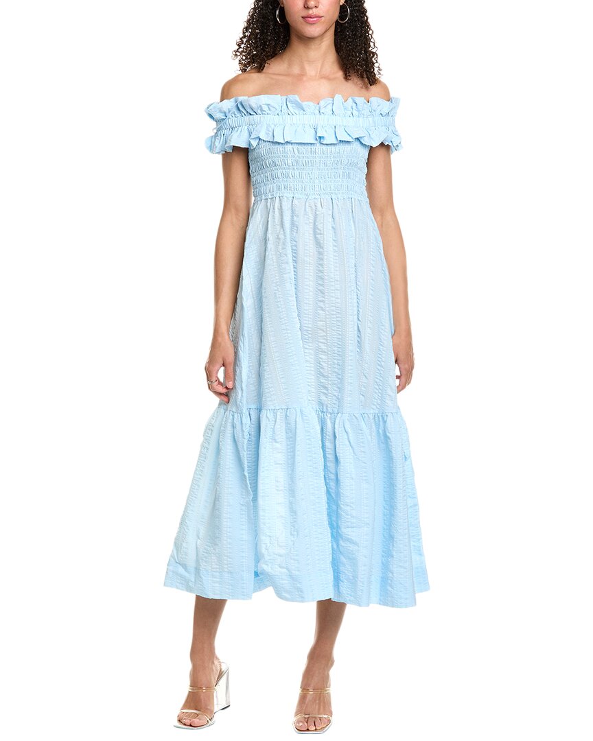 Ganni Seersucker Check Smocked Maxi Dress Blue