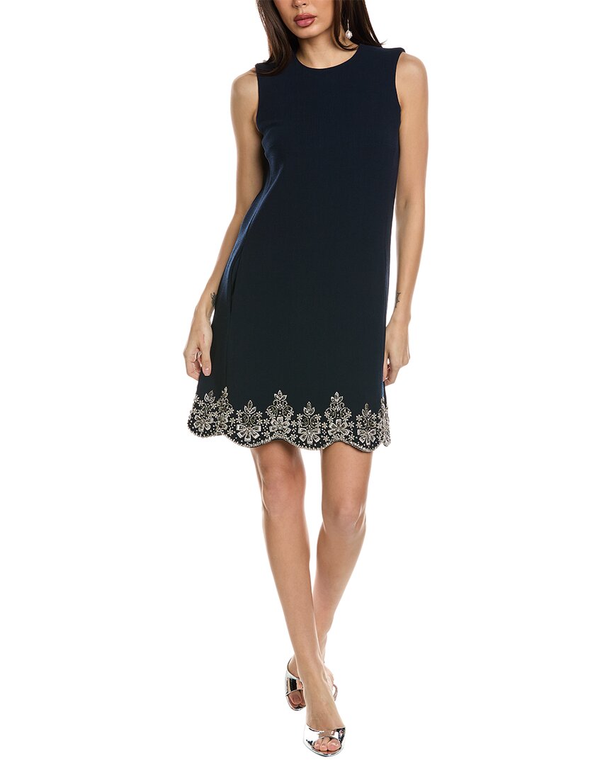 Oscar De La Renta Sleeveless Crystal Scallop Embellished Silk-Lined Wool-Blend Blue Regular 00 (XXS)