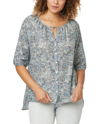 Nydj Button Down Silk-Blend Peasant Blouse Multi