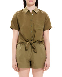 Theory Hekanina Linen-Blend Shirt Green Petite 0 (XS)