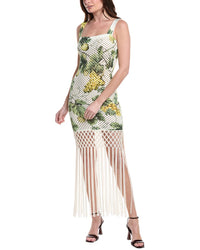 Oscar De La Renta Figs & Grapes Printed Macrame Hem Maxi Dress Green