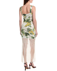 Oscar De La Renta Figs & Grapes Printed Macrame Hem Maxi Dress