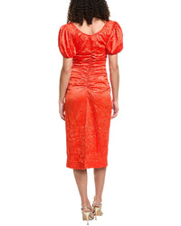 Ganni Crinkled Satin Gathered U-Neck Midi Dress
