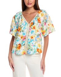T Tahari V-Neck Linen-Blend Blouse