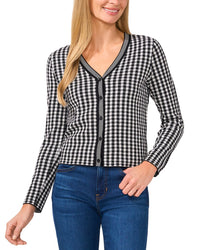 Cece Gingham Print V Neck Cardigan Black Regular 8 (M)