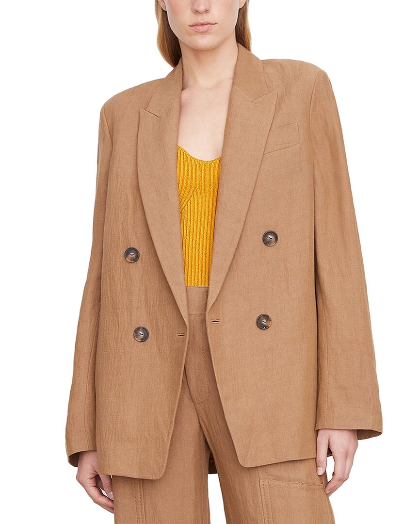 Vince Double-Breasted Linen-Blend Boyfriend Blazer 16 Brown Multi