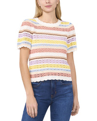 Cece Pointelle Stripe Pullover White