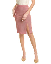 Pink Tartan Front Slit Wool-Blend Pencil Skirt