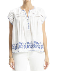 Max Studio Embroidered Cap Sleeve Notch Neck Top White