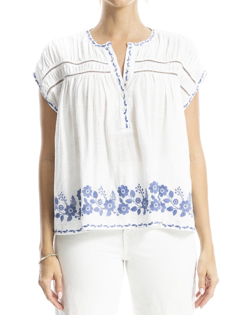 Max Studio Embroidered Cap Sleeve Notch Neck Top White