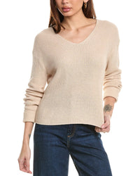 Hannah Rose Cropped Loose Shaker V-Neck Cashmere-Blend Sweater Brown Multi