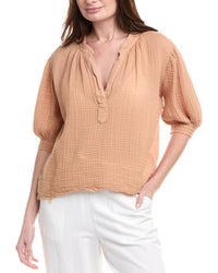 9Seed Lightweight Gauze Dashiki Puff Sleeve Top Brown Multi Petite 6 (S)