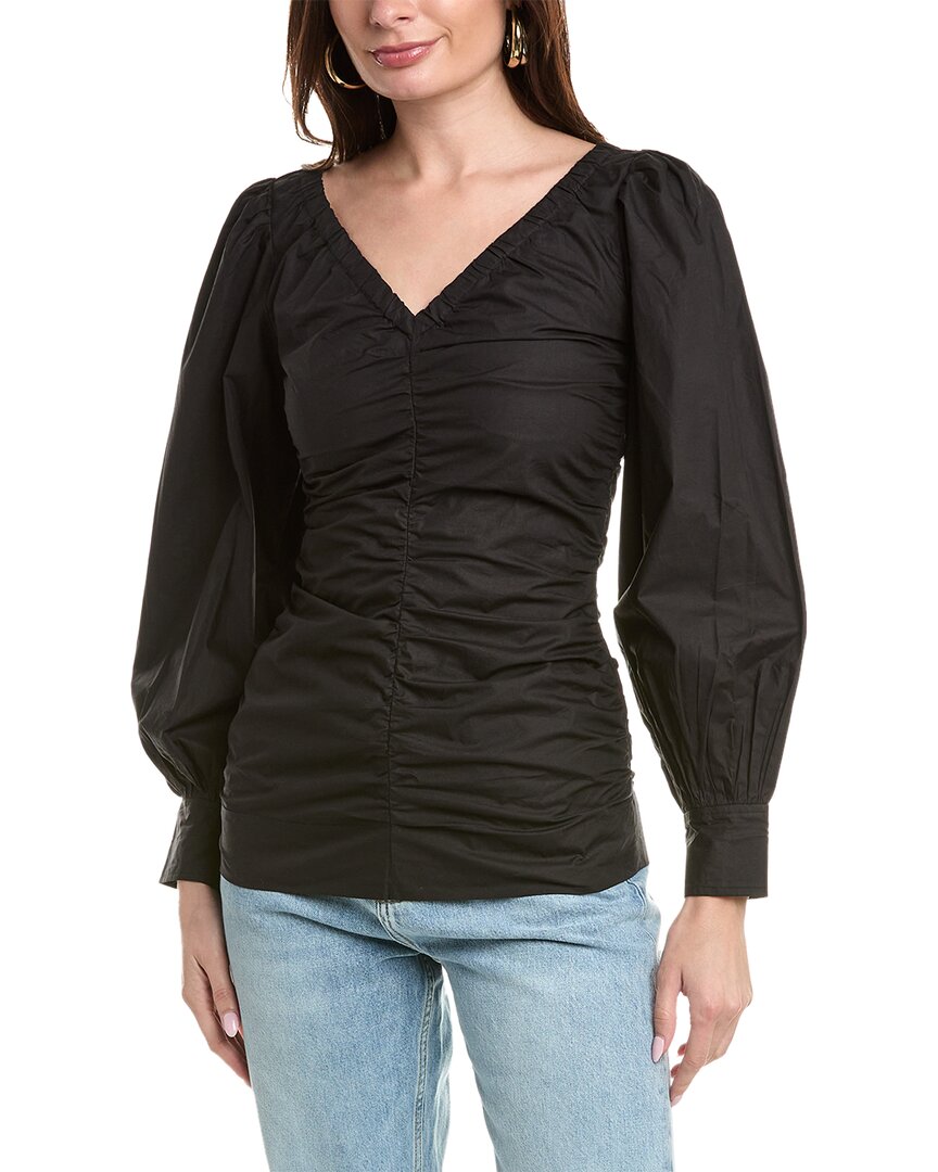 Ganni Poplin V-Neck Gathered Blouse