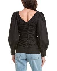 Ganni Poplin V-Neck Gathered Blouse