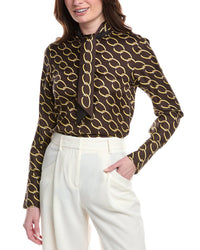 Oscar De La Renta Tie-Neck Chain Print Silk Blouse Brown Multi