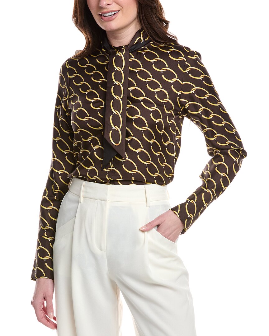 Oscar De La Renta Tie-Neck Chain Print Silk Blouse Brown Multi