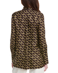 Oscar De La Renta Tie-Neck Chain Print Silk Blouse