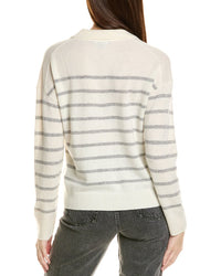 Amicale Cashmere Striped V-Neck Johnny Collar Cashmere Sweater