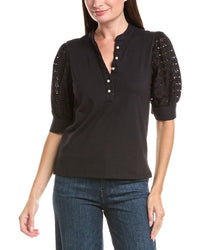 CeCe Cece Henley Mixed Media Top