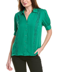 Elie Tahari The Aram Crochet-Trim Silk Blouse Green Regular 0 (XS)