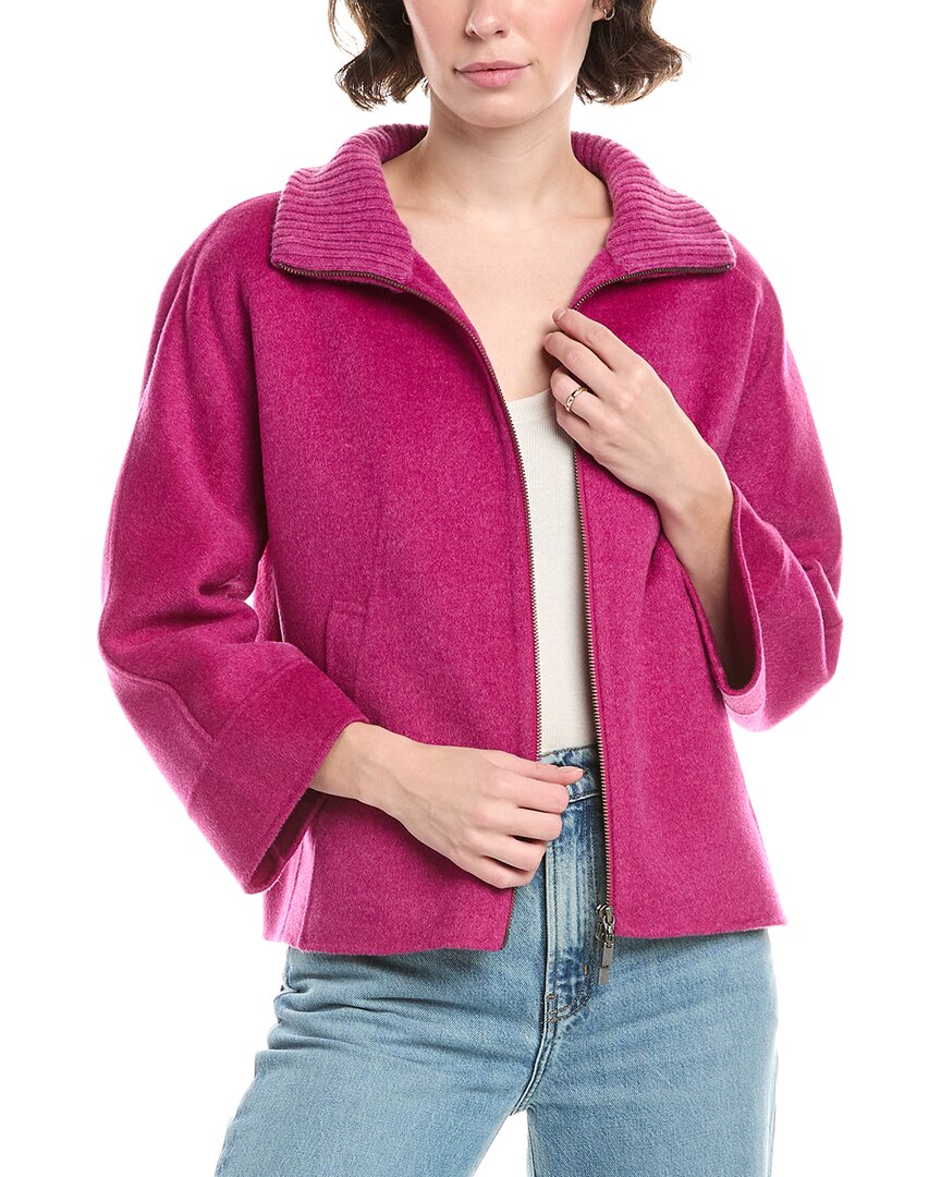 Forte Cashmere Knit Detail Short Zip Mock Wool & Cashmere-Blend Jacket