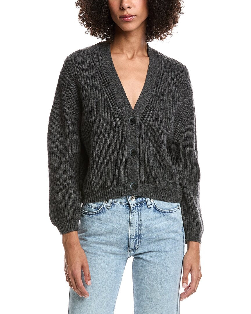 Forte Cashmere Wool & Cashmere-Blend Short Rib V-Neck Button Cardigan
