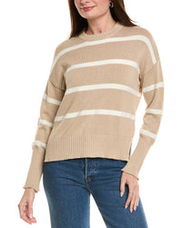 Hannah Rose Drop Shoulder Stripe Crewneck Cashmere-Blend Sweater